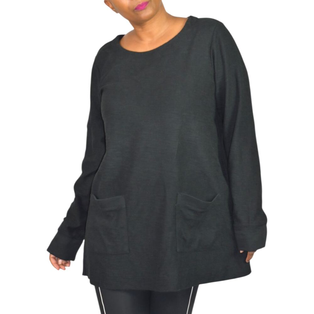 J Jill Black Textured Knit Tunic Cotton Blend Top Patch Pockets Side Slits Large - Picture 13 of 15